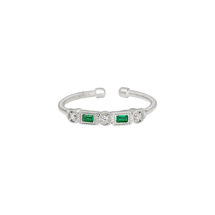 ladies rings initial-Rhodium Finish Sterling Silver Cable Cuff Ring with Simulated Emeralds and Simulated Diamonds