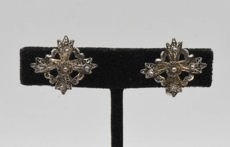 ladies earrings gift-Vintage Sterling Silver Filigree Cross Screw Back Earrings