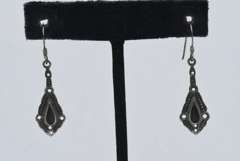 ladies earrings mixed metal-Vintage Sterling Silver Black Onyx Dangle Earrings