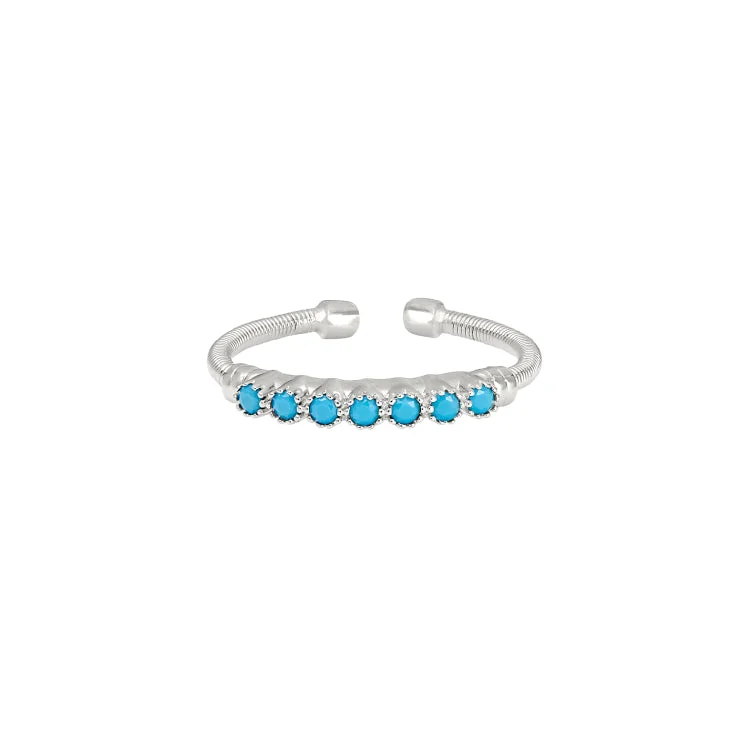 ladies rings cluster-Rhodium Finish Sterling Silver Cable Cuff Ring with Beaded Bezel Set Simulated Turquoise