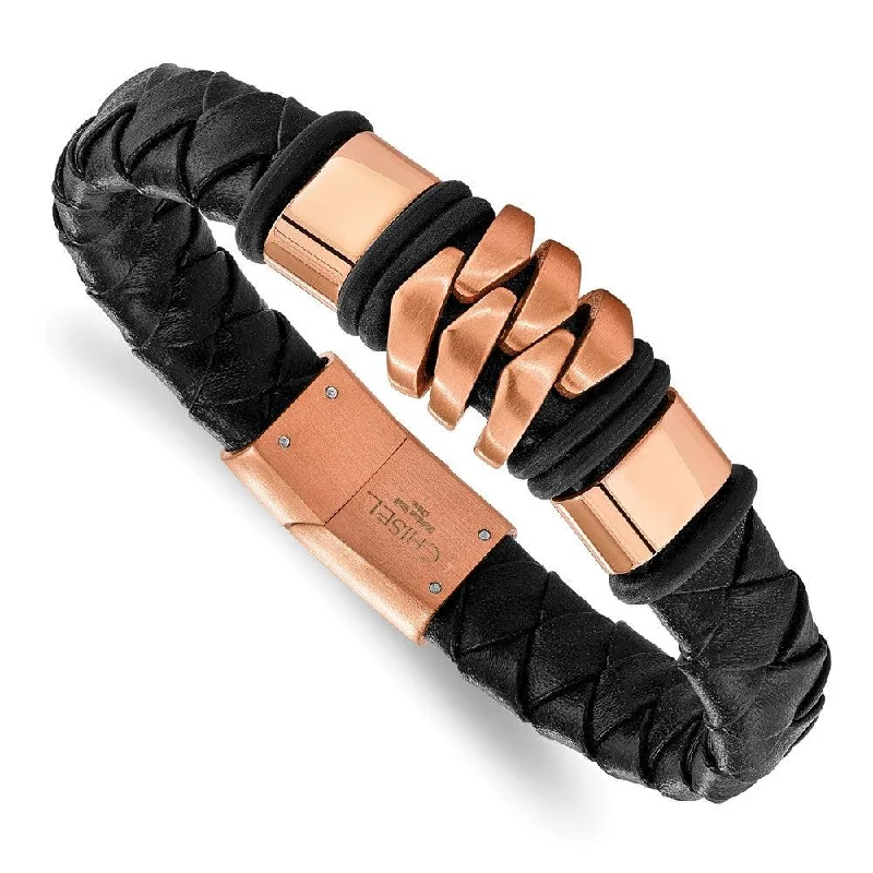 Ladies bracelets native charm -Stainless Steel Brushed Rose IP-plated Black Leather Bracelet