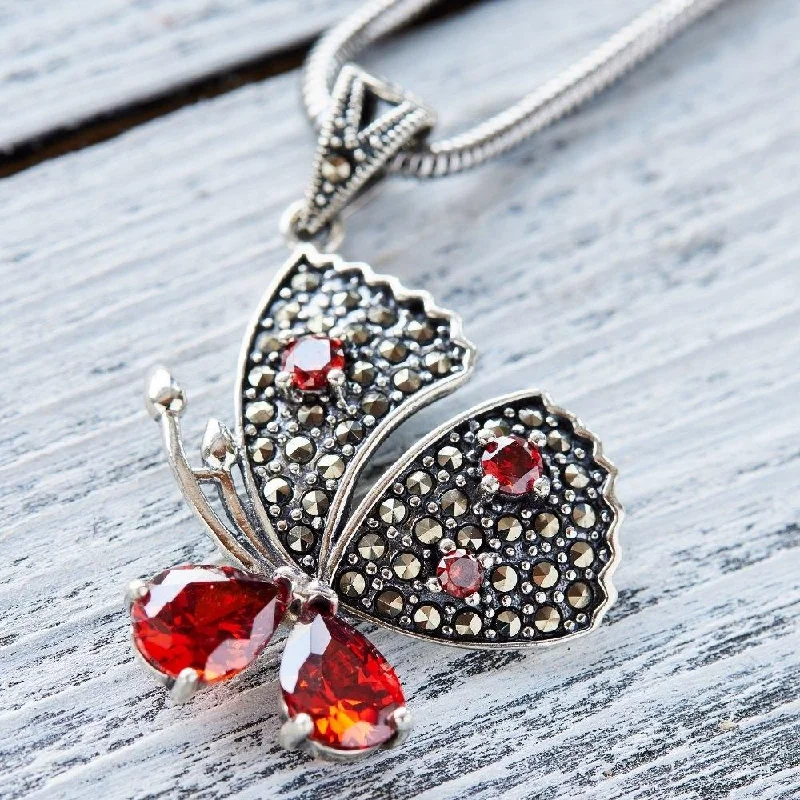 Ladies necklaces promise pendant -Red Garnet Silver Butterfly Necklace