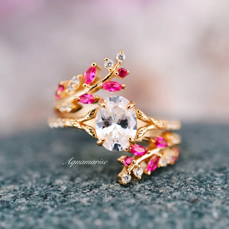 ladies engagement rings cultural-Ruby & Moissanite/Diamond Leaf Engagement Ring Set- 14K Solid Yellow Gold