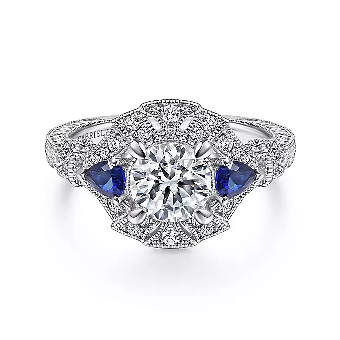 ladies engagement rings chic-Azurine - 14K White Gold Round Sapphire and Diamond Engagement Ring