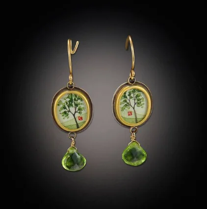 ladies earrings polishing-Gold Tiny Oval Spring Maple Earrings with Peridot Drop