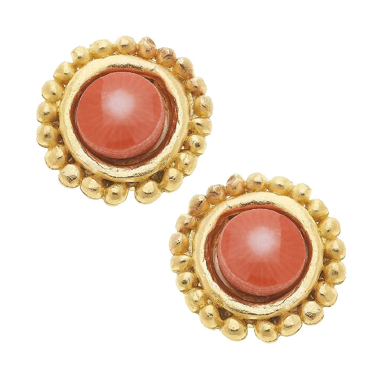 ladies earrings best-Earrings - Clip On - Gold with Pink Coral