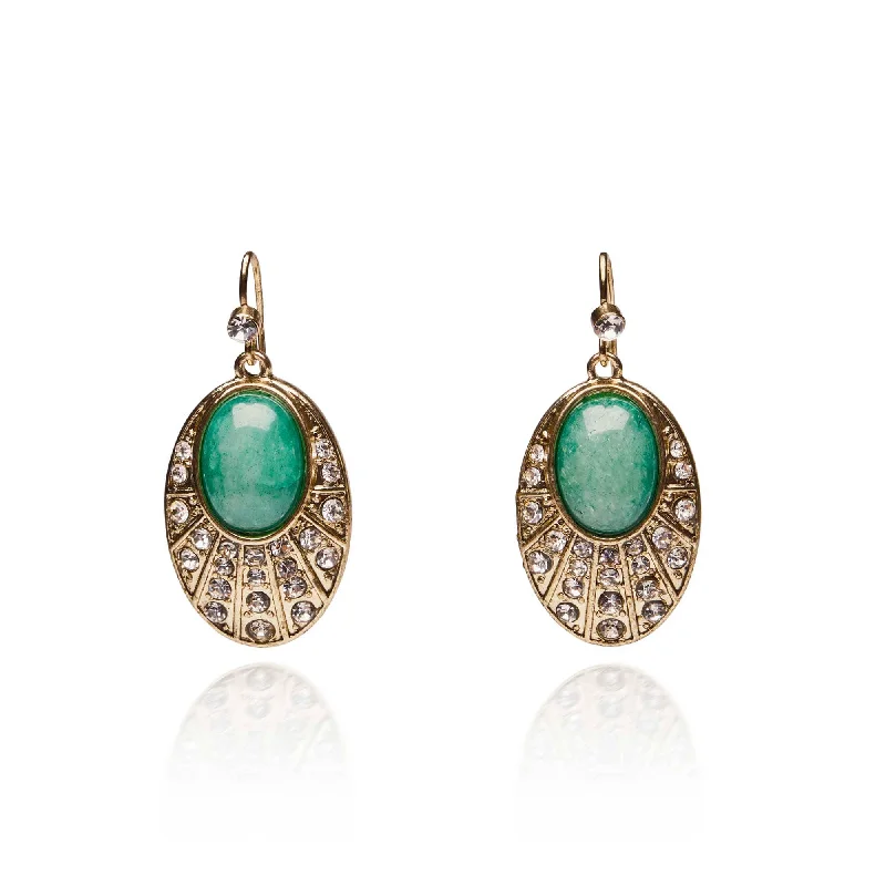 ladies earrings floral-Green Agate Oval Stone Drop Earrings: 20s Style Earrings