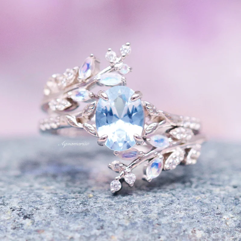 ladies engagement rings organic-Fairy Aquamarine, Moonstone & Moissanite Leaf Engagement Ring Set- 14K White Gold