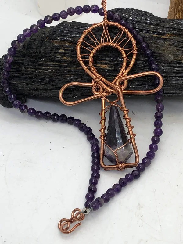 Ladies necklaces sci-fi charm -Amethyst Necklace with Amethyst Crystal Ankh Pendant Copper Necklace