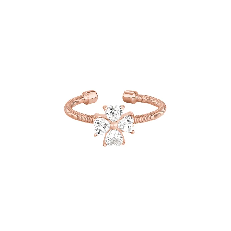 ladies rings nostalgia-Rose Gold Finish Sterling Silver Cable Cuff 4 Heart Shaped Stones Cross Ring with Simulated Diamonds