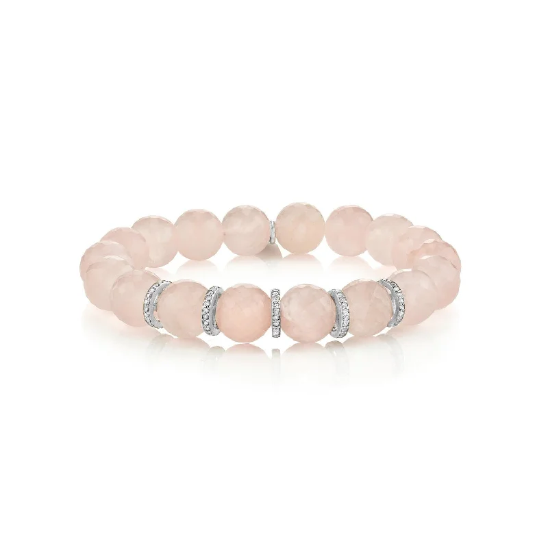 Ladies bracelets love charm -Faceted Rose Quartz Bracelet with Five Diamond Rondelles - 10mm : B0001798