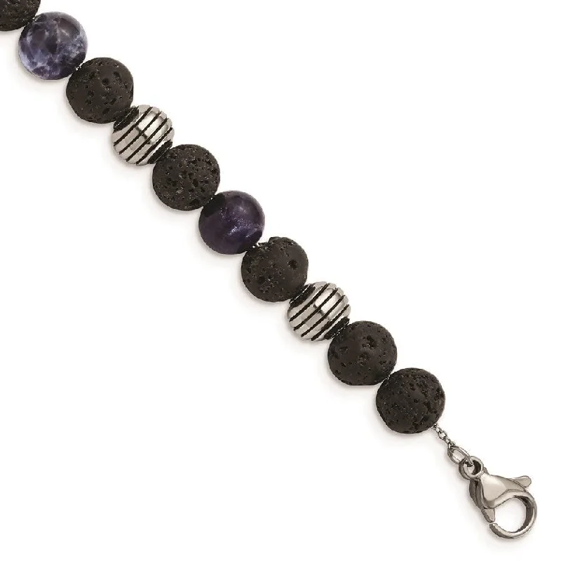 Ladies bracelets platinum shine -Stainless Steel Antiqued & Polished Lava Stone/Sodalite w/1in ext Bracelet