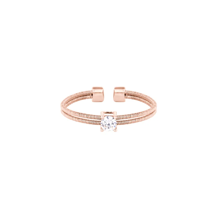 ladies rings bespoke-Rose Gold Finish Sterling Silver Two Cable Cuff Ring with a Solitaire Simmulated Diamond