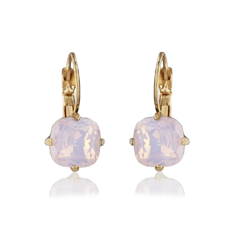 ladies earrings gold-Cushion Cut Crystal Earrings: Vintage Style Cushion Cut Rose Opal Drop Earrings