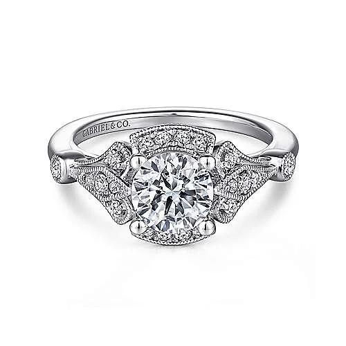 ladies engagement rings matte-Columbus - Unique 14K White Gold Art Deco Halo Diamond Engagement Ring