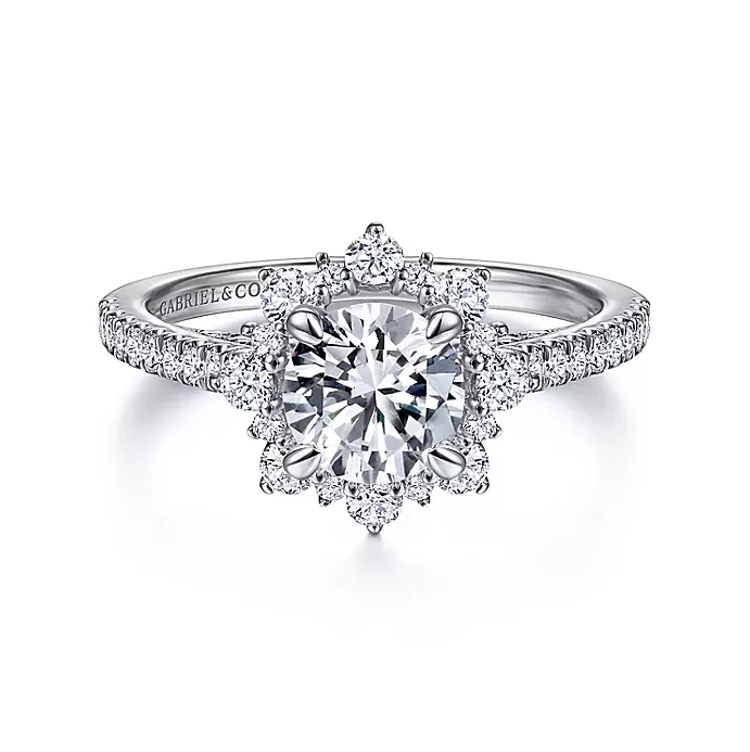 ladies engagement rings sleek-Rosetta - 14K White Gold Floral Halo Round Diamond Engagement Ring