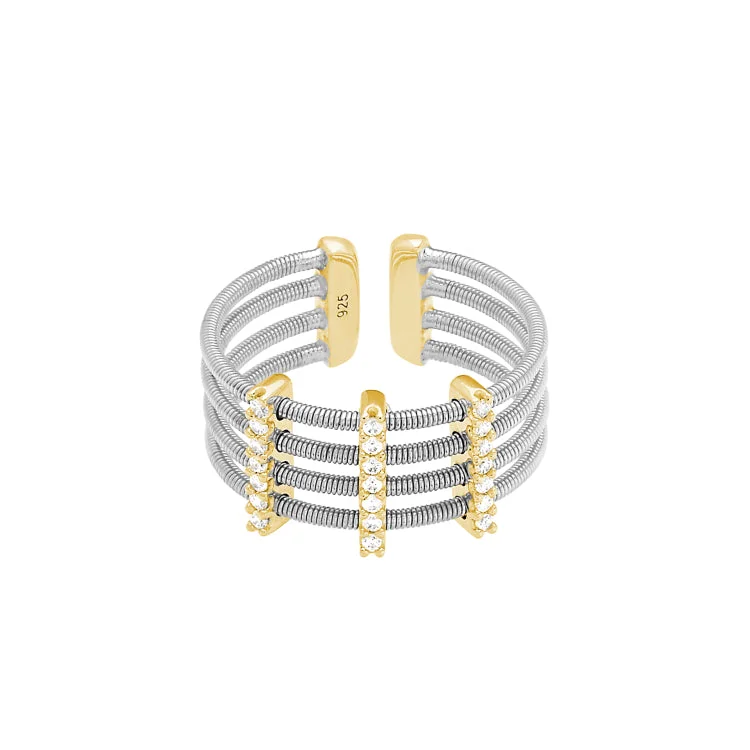 ladies rings designer-Rhodium Finish Sterling Silver Multi Cable Cuff Ring with Gold Finish Simulated Diamond Vertical Bars