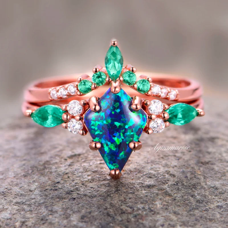 ladies engagement rings tarnish free-Skye Kite™  Peacock Fire Opal & Emerald Engagement Ring Set- 14K Solid Rose Gold