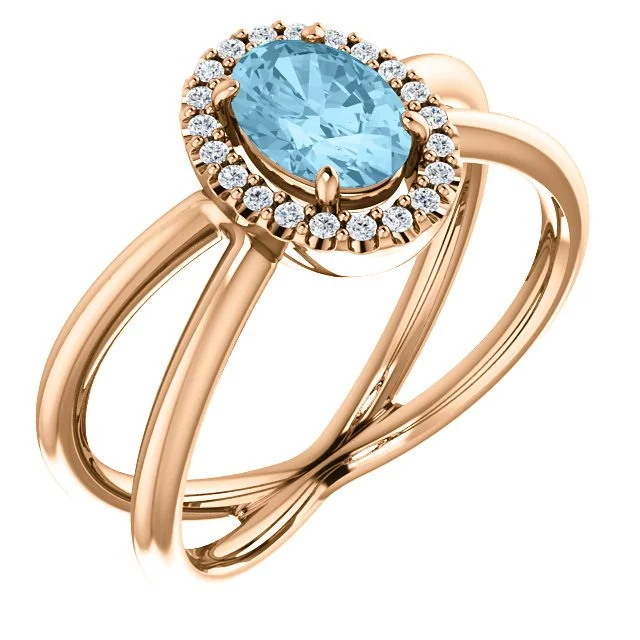 ladies rings personalized-14KT GOLD AQUAMARINE & DIAMOND CRISS-CROSS HALO RING