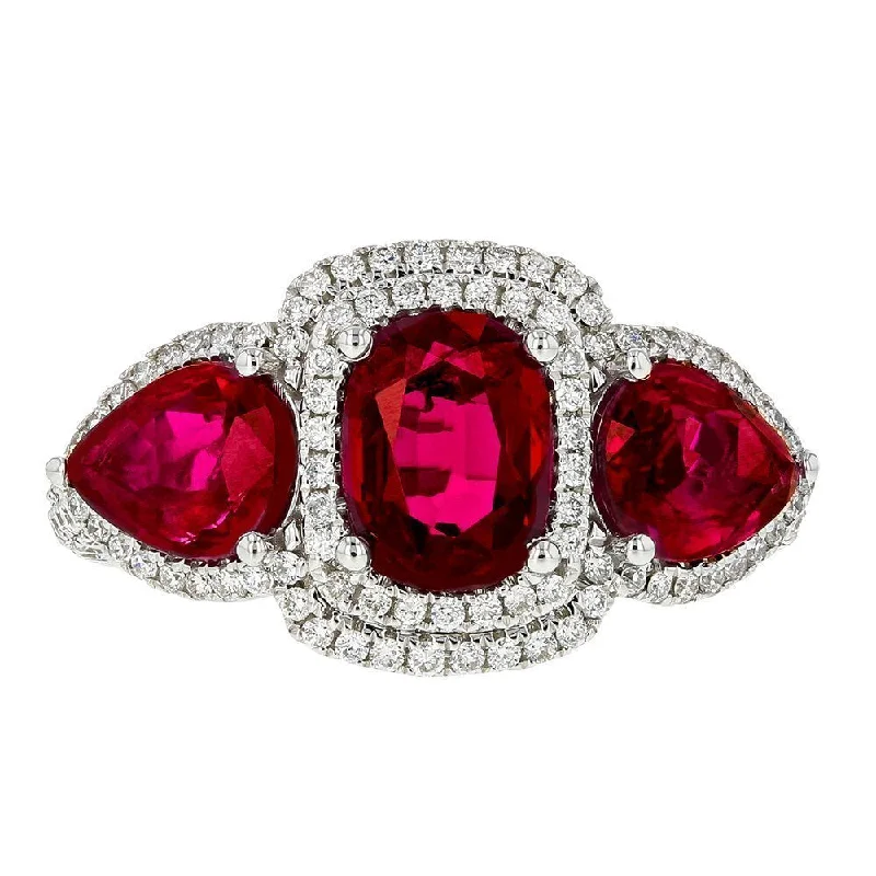 ladies rings platinum-JULEVE 18KT GOLD 3.80 CTW RUBY AND .93 CTW DIAMOND 3 STONE HALO RING