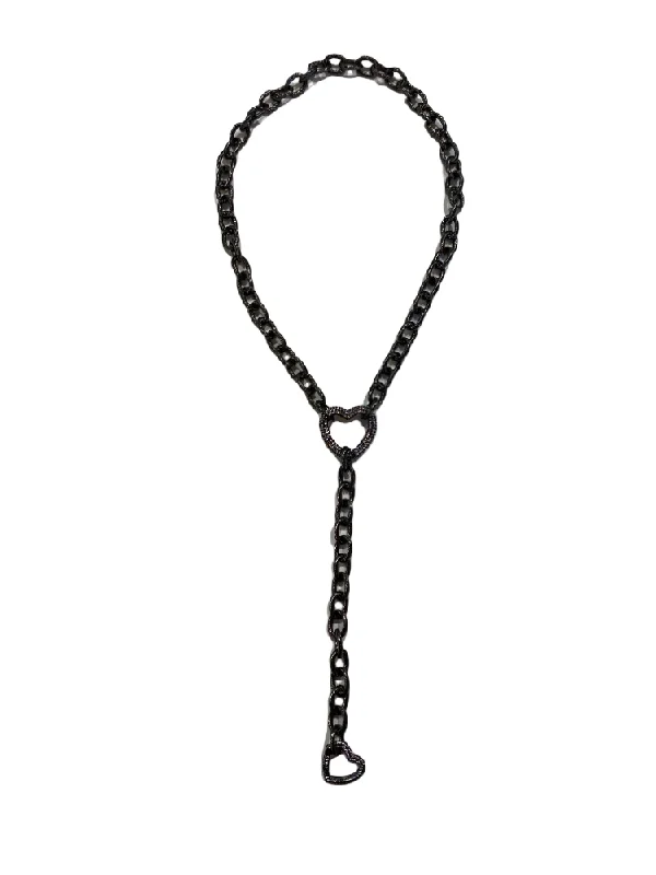 Ladies necklaces modern chic -Heart Lock Lariat Necklace - Gunmetal