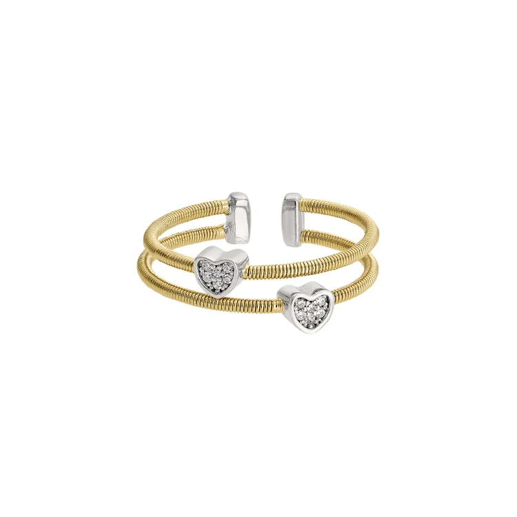 ladies rings size 8-Gold Finish Sterling Silver Two Cable Cuff Ring with Two Rhodium Finish Simulated Diamond Hearts