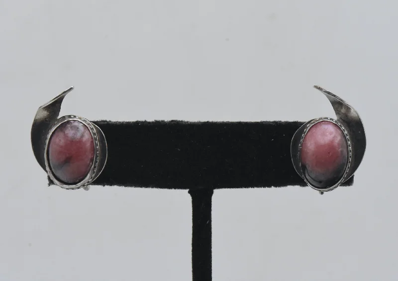 ladies earrings tassel-Vintage Handmade Rhodonite Sterling Silver Screw Back Earrings