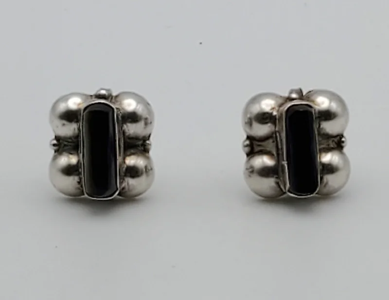 ladies earrings sleek-Vintage Handmade Sterling Silver Black Onyx Screw Back Earrings