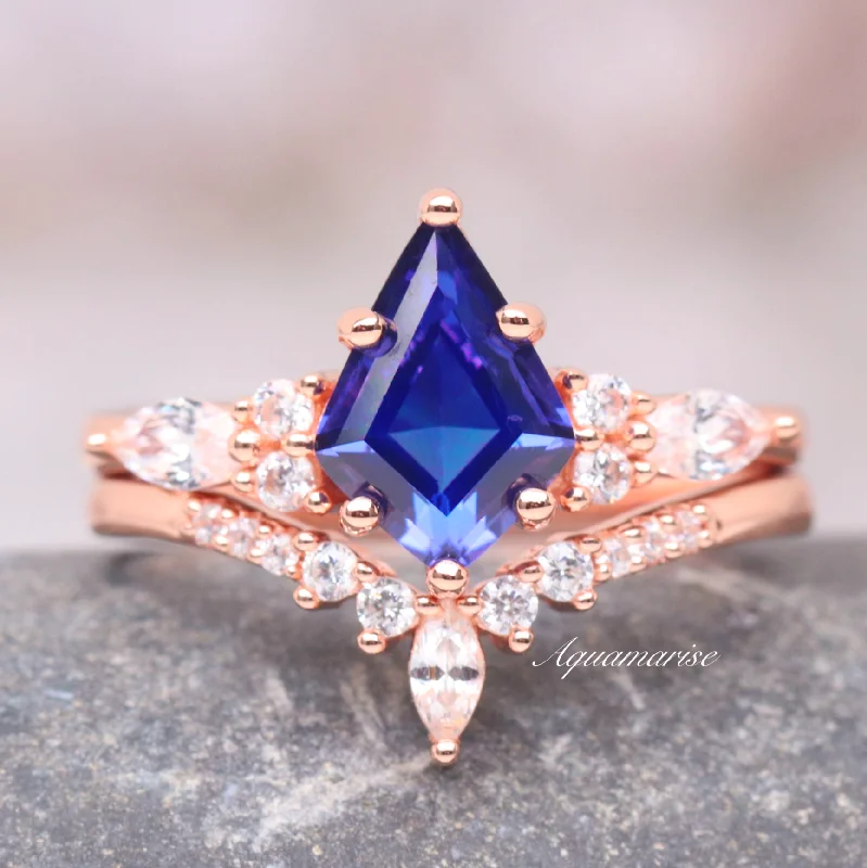 ladies engagement rings emerald cut-Skye Kite™  Cornflower Sapphire Kite Engagement Ring Set- 14K Solid Rose Gold