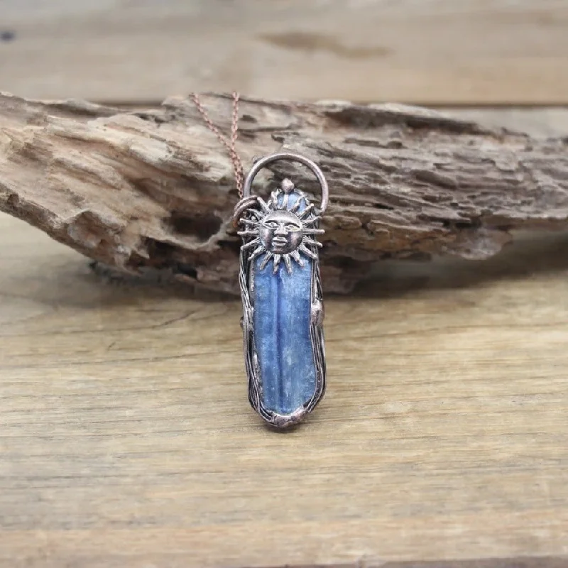 Ladies necklaces raw gemstone -Blue Kyanite Sun Pendant Necklace