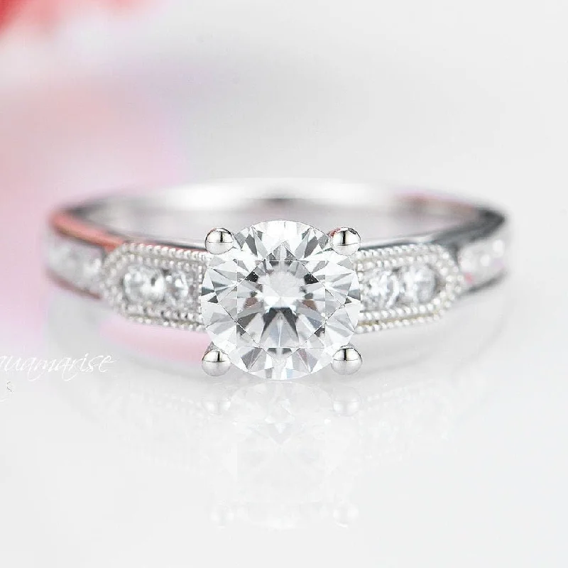 ladies engagement rings heavy-Round Cut Moissanite Engagement Ring- 14K White Gold Ring