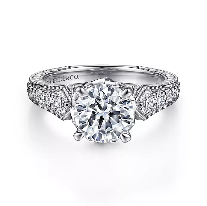 ladies engagement rings trending-Emmie - Vintage Inspired 14K White Gold Round Diamond Engagement Ring