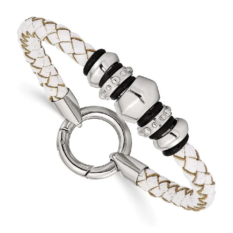 Ladies bracelets alexandrite glow -Stainless Steel Polished White Leather Black Rubber Bracelet