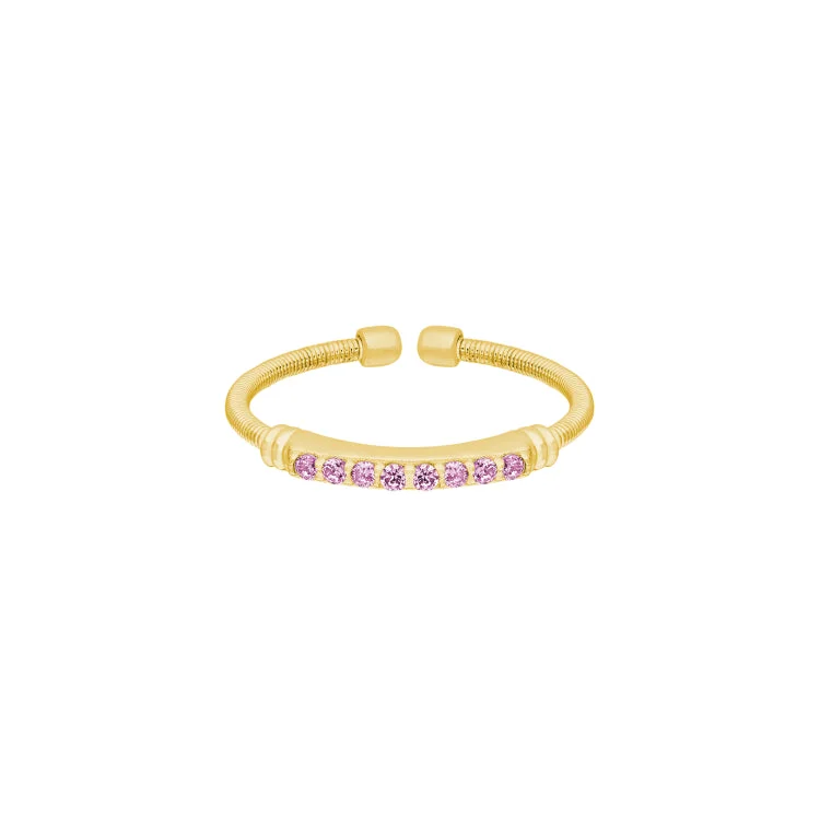 ladies rings collectible-Gold Finish Sterling Silver Cable Cuff Ring with Simulated Pink Sapphire Birth Gems - October