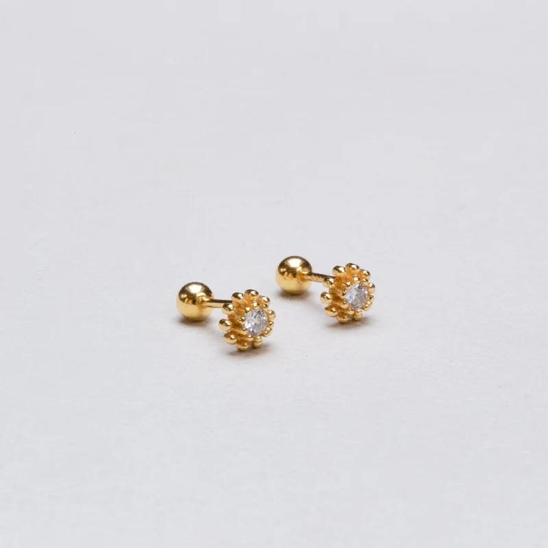 ladies earrings modern classic-Gold-plated Bead Flower Stud Cartilage Earrings with Cubic Zirconia