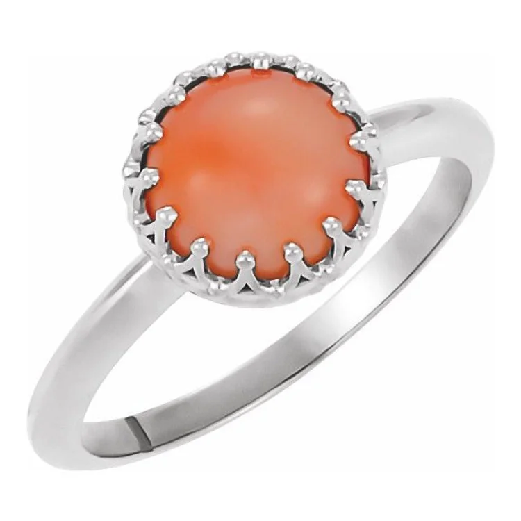 ladies rings plus size-Sterling Silver 6 mm Natural Pink Coral Crown Cabochon Ring