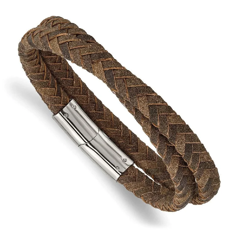 Ladies bracelets eye catching -Stainless Steel Polished Brown Leather 14.75in Wrap Bracelet