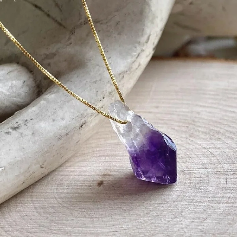 Ladies necklaces rose cut gem -Raw Amethyst Purple Crystal Necklace With Golden Chain