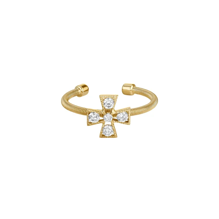 ladies rings monogram-Gold Finish Sterling Silver Cable Cuff 5 Stone Cross Ring with Simulated Diamonds