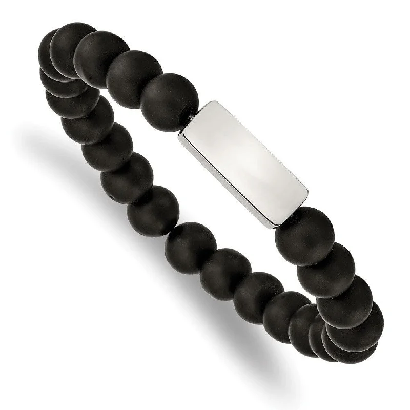 Ladies bracelets egyptian shine -Stainless Steel Polished ID Plate Black Agate Bead Stretch Bracelet