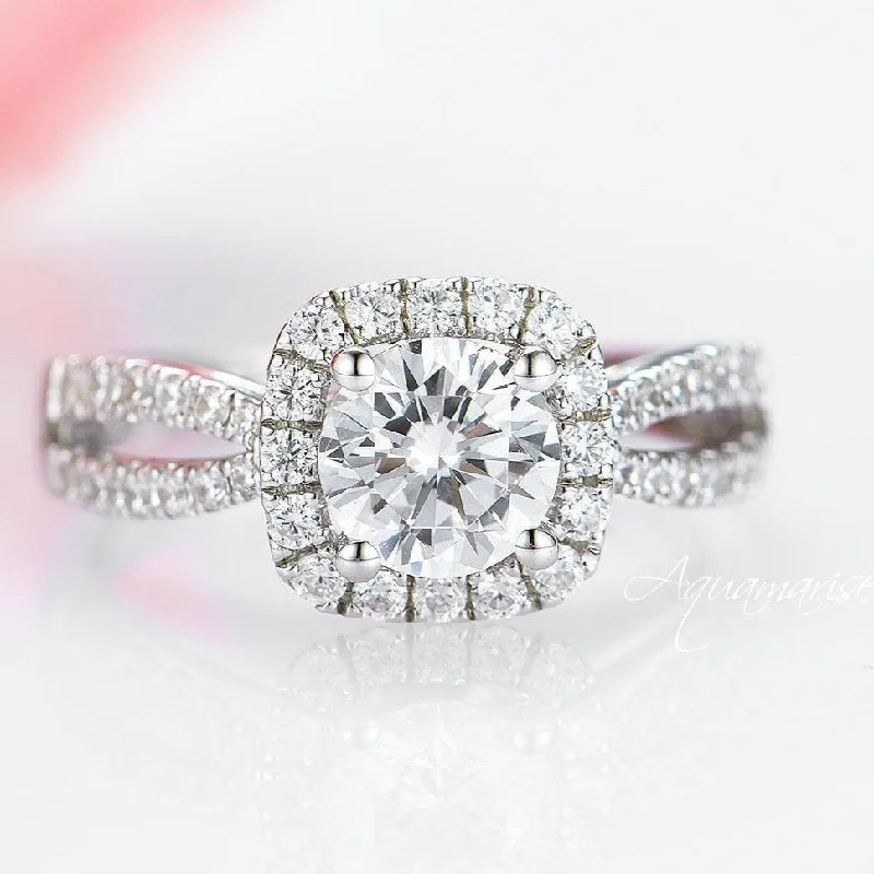 ladies engagement rings bridal-Halo Moissanite Engagement Ring- 14K White Gold