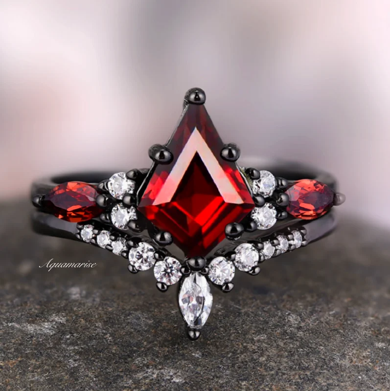 ladies engagement rings top-Skye Kite™  Natural Red Garnet Kite Engagement Ring Set- Black Rhodium Filled