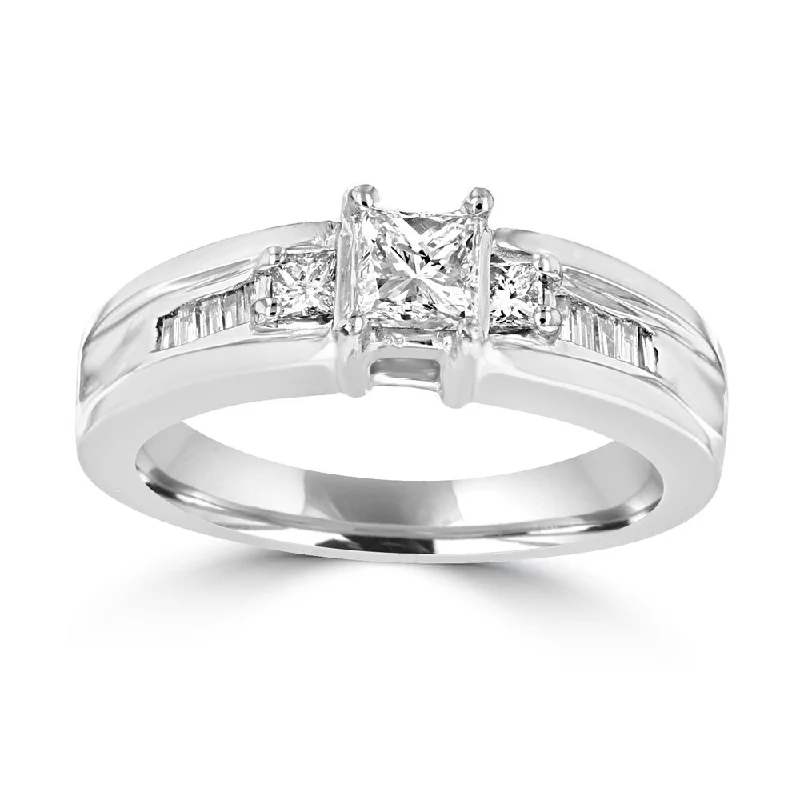 ladies rings vintage inspired-PLATINUM 3/4 CTW PRINCESS CUT & BAGUETTE DIAMOND 3 STONE RING