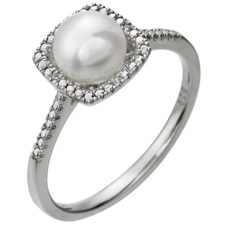 ladies rings storage-Sterling Silver Cultured White Freshwater Pearl & .01 CTW Natural Diamond Ring