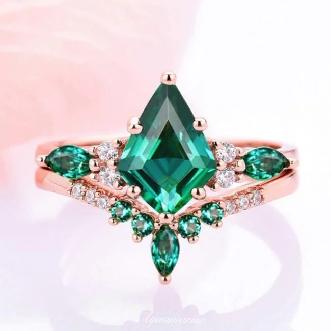 ladies engagement rings channel-Skye Kite™  Emerald Engagement Ring Set- 14K Solid Rose Gold