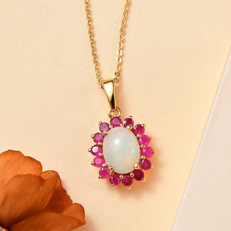 Ladies necklaces brilliant glow -Dahlia Blossom Necklace with Opal and Niassa Ruby