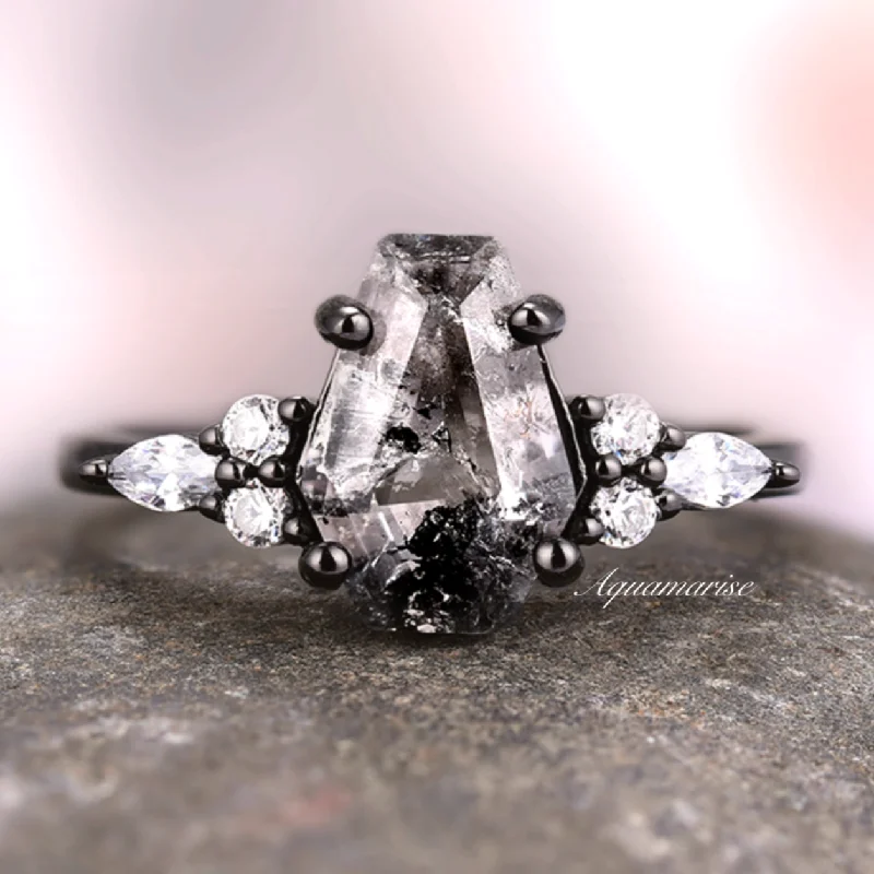 ladies engagement rings initial-Galaxy Raw Salt & Pepper Diamond (Herkimer Diamond) Engagement Ring- Black Rhodium Filled