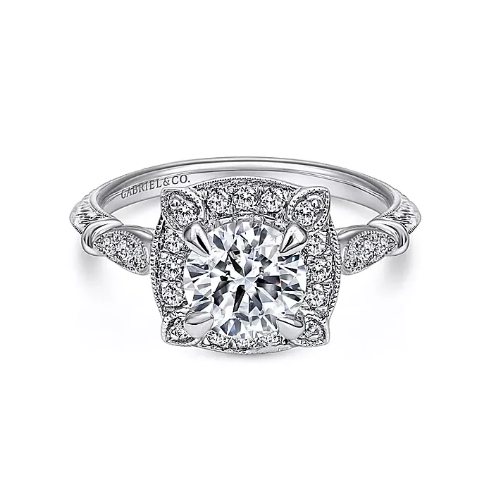 ladies engagement rings tiffany-Helene - Vintage Inspired 14K White Gold Cushion Halo Round Diamond Engagement Ring