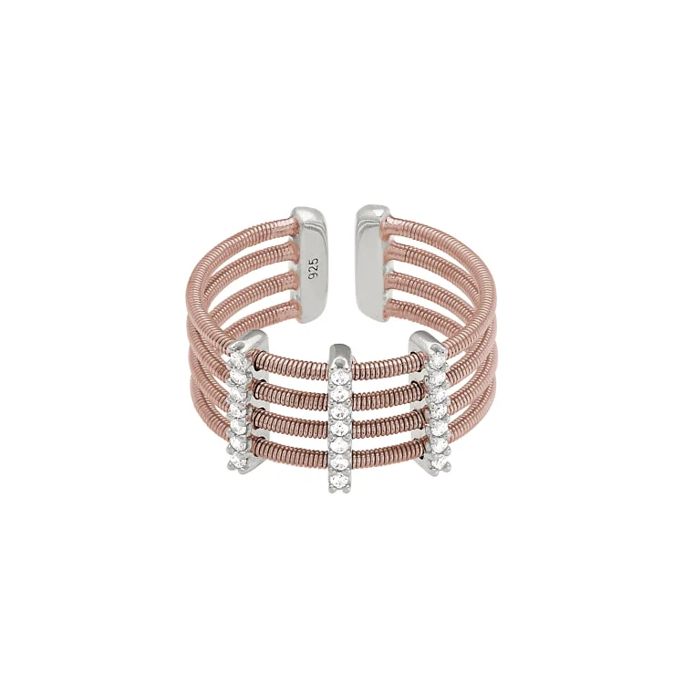 ladies rings pandora-Rose Gold Finish Sterling Silver Multi Cable Cuff Ring with Rhodium Finish Simulated Diamond Vertical Bars