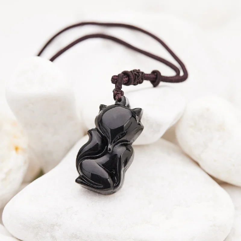 Ladies necklaces agate pendant -Obsidian Dragon Fox Protection Necklace